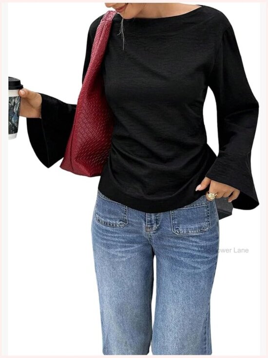Tops - Women's Long Sleeve Blouse Boat Neck Drop Shoulder Tunic Top